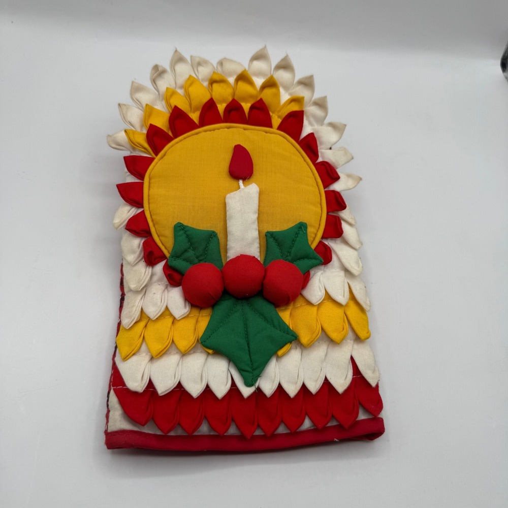 Christmas Candle Holly Folded Fabric Petal Oven Mitt Vintage Pot Holder - Picture 1 of 4